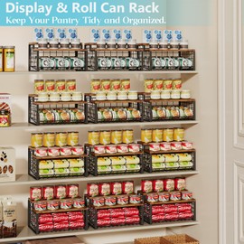 2-Tier Display + Rolling Can Storage Rack, Dual-Use Can Organizer Holds Up to 22 Food Cans, Soda Canned Goods Storage Holder with Non-Slip EVA Pads for Pantry, Cabinet, Countertop