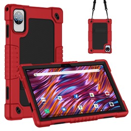 JBuwsdan Compatible with for ZONKO Model D106 10 inch VOZIZOV D106 Tablet 2024 Case Silicone Hard Back Hybrid Cover & Kickstand Shoulder Strap for ZONKO D106/MOONSTARS D106B Tablet (RedBlack)