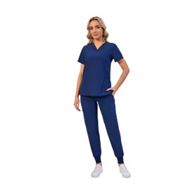 Naivlizer Scrub Top for Women V-Neck Scrub Shirt Medical Uniform with 5 Pockets Navy Blue