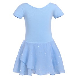 zffriction Girls Ballet Dress Shiny Sequines Ballet Outfit for Kids Toddlers Short Sleeve Gymnastics Dance Leotard with Chiffon Tutu Skirt (UK, Numeric, 130, Regular, Blue)