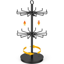 ORLESS 2 Tier Rotating Jewelry Display Stand, Keychain Display Stand with 24 Hooks, Black Metal Retail Display Spinning Holder for Vendor, Spinning Display Rack for Necklace Bracelet Earring Organizer