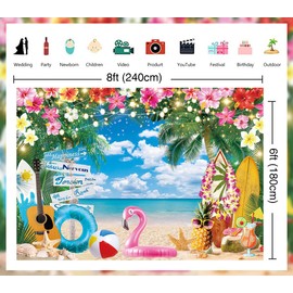 Summer Hawaiian Beach Backdrop Tropical Flowers Blue Sky Ocean Luau Palm Trees Surfboard Flamingo Photography Background Aloha Holiday Birthday Decorations Background (8x6FT: 96x72 inch)