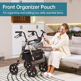 ELENKER All Terrain Rollator Walker with Seat for Seniors, Foldable Rolling Walker, with 10” Big Solid Wheels, Front Pouch, Cup Holder, Fully Adjustment Frame, Champagne