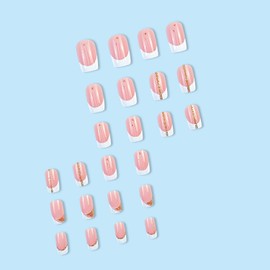 Press on Nails Medium Square, Artificial Acrylic Fake Nails with Line Gold Foil Design Full Cover Reusable Coffin Shaped French False Nails, DIY Stick on Nails for Women, Glue on Nails for Nail Set