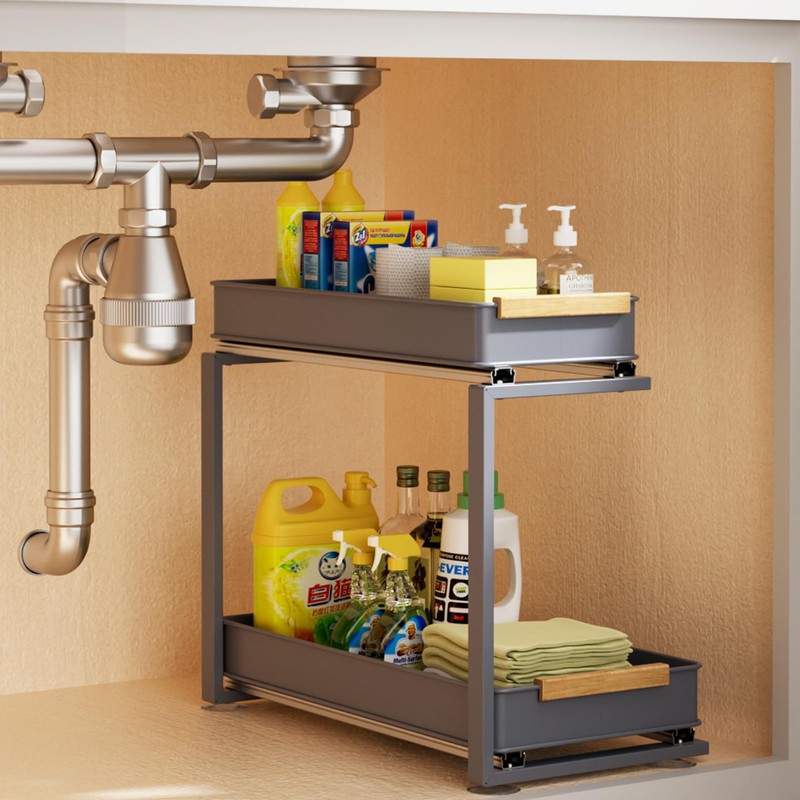 MEICCIPLUS Pull Out Under Sink Organizer, 2 Tier Slide Out