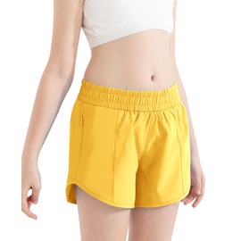 DOCUMO Girl's Athletic Shorts with Liner Zipper Pockets Quick Dry Running Shorts Sports Lightweight Active Shorts for Teen Girls (Yellow, Large)