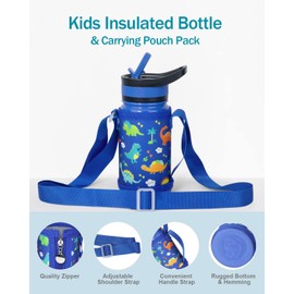 BUZIO Kids Water Bottle for School with Double Straw Lids and a Carrying Pouch, 14oz Insulated Stainless Steel Reusable Tumbler, Leak Proof Cute Metal Water Bottle Boys Girls, Blue