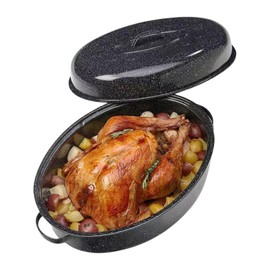 19” Turkey Roasting Pan Enamel Oval Granite Large Roaster Pan with Lid with 17in Inner Diameter Large Capacity Suitable for Thanksgiving Enamel Cook Ware Dishwasher Compatibility Oven Christmas Gift
