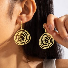 Boho Large Dangling Spiral Hook Earring For Women Trendy, Unique Retro Drop Dangle Earrings Bohemian Vintage Silver Geometric Ethnic Western Jewelry Gift (Gold)