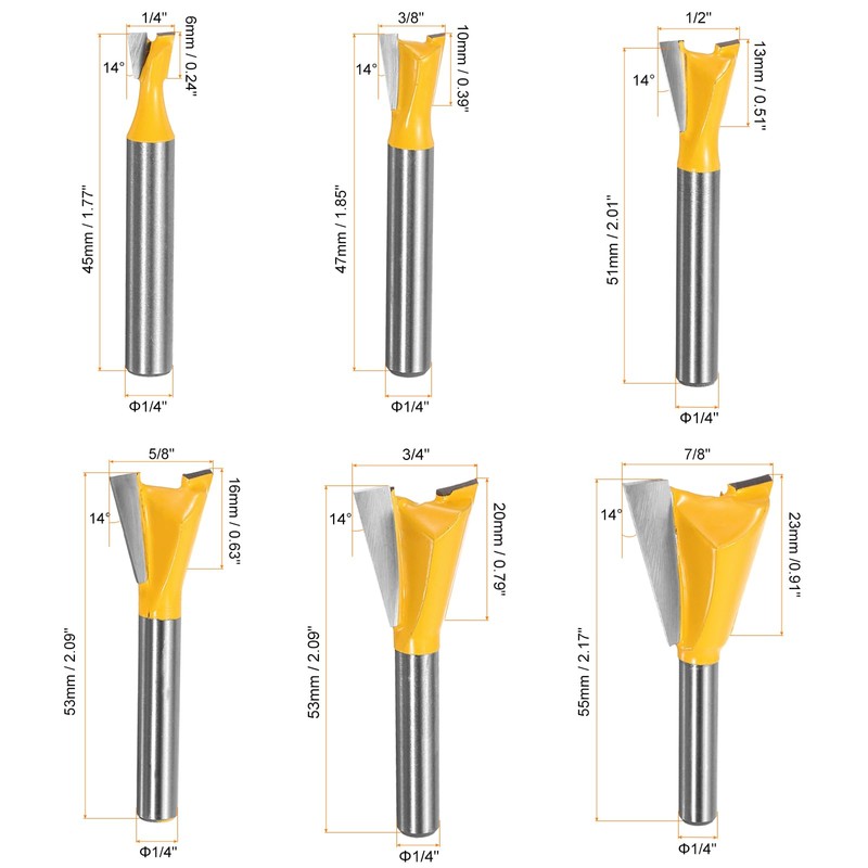 HARFINGTON 6pcs Dovetail Router Bit Set 1/4" 3/8" 1/2" 5/8"
