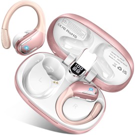 Audífonos Inalámbricos Deportivos, 75H Auriculares Bluetooth 5.3 HiFi Estéreo con HD Micró, ENC Cancelacion Ruido, Dual LED Pantalla, IPX7 Impermeable Auriculares Inalambricos para Running (Rosa)