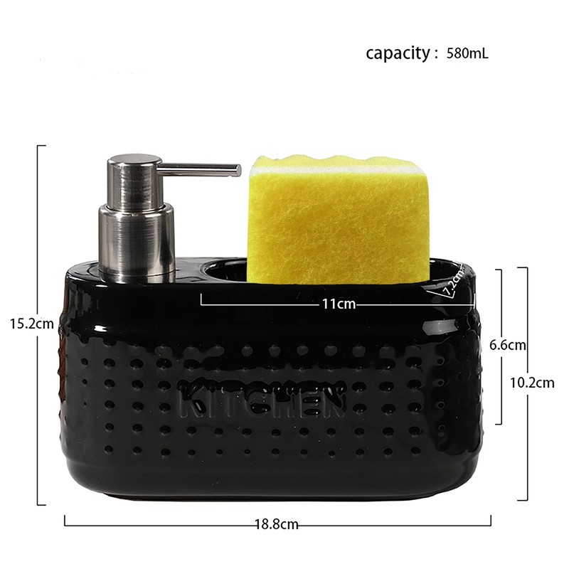 Black Dish Soap Dispenser with Sponge Holder, Large Capacity Ceramic
