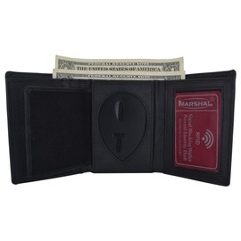 RFID Blocking Genuine Leather Trifold Badge Holder Wallet Black, Police Badge Holder