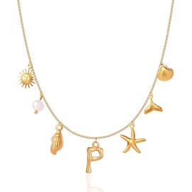 VCCKNB JEWELRY Initial Pendant Necklace for Women and Girls, 14K Gold Plated, Letter Necklaces from A-Z, Shell, Boho, Summer, Shell, 45cm+5cm/17.71in+1.96 Extender, 14K, 14K Gold Plated, 14K Gold
