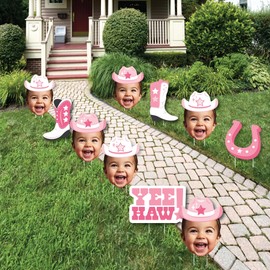 Big Dot of Happiness Custom Photo Pink First Rodeo - Fun Face Lawn Decorations - Cowgirl 1st Birthday Party Outdoor Yard Signs - 10 Piece