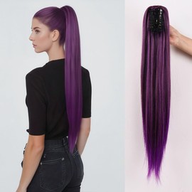 26inch Long Thick Straight Ponytail Hairpiece Invisible Claw Clip in Ponytail Extension Nature Synthetic High Ponytail Wig (Purple)