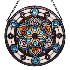 YOURANJU Sea Blue Flower Stained Glass Window Hangings 12" Round Tiffany Handicraft Glass Panels for Kitchen Bedroom Window Hangings with Chain