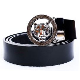 Old John Leather Men's Luxury Gold/Silver Tiger Buckle 35-mm Italian Leather Belt (120cm/47.3inch(42-44), Black Silver)