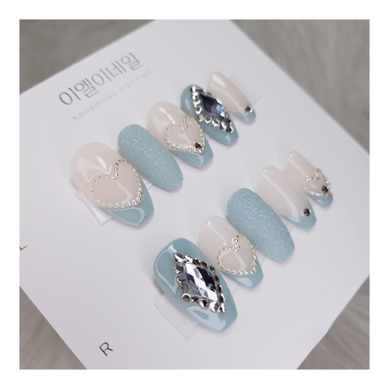 Sky Blue Lovely Chain Heart Handmade Nail Tip - Short