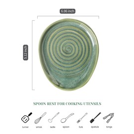 Seyatoo Ceramic Spoon Rest for Stove Top, Spoon Holder for Kitchen Counter, Farmhouse Cooking Utensil Holder for Spoons, Ladles, Spatula, Glazed Green