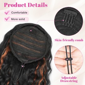 ALXNAN Wavy Curly Ponytail Extension, 18" Black With Highlights Drawstring Ponytail for Black Women Short Soft Natural Synthetic Hairpiece Thick For Daily Use