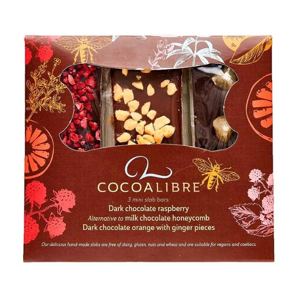 Cocoa Libre Triple Delight - Vegan, Dairy-Free, Nut-Free, Gluten-Free Mini Chocolate Bars - Raspberry, Honeycomb, Orange & Ginger, 120g