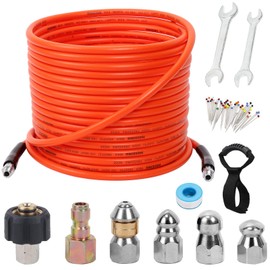 70FT Pressure Washer Sewer Jetter Kit, 5800 PSI Water Jet Drain Cleaner Hose with Corner Rotating Button Nose Nozzle, 1/4 Inch NPT, Sewer Jetter Nozzles Kit with Spanner Handle Strap
