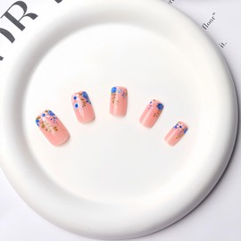 BFY Flower Press on Nails Medium Square Fake Nails, Blue Rose Flowers Green Grass Acrylic Nails Kit, Spring Summer Nude Glossy Gel Manicure Stick on Nails Full Cover False Nail Tips 24Pcs