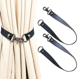 Leather Curtain Tiebacks, PU Leather Curtain Rod Holder Window Treatment Holdbacks, Skull Drapery Tie Backs Buckle Modern Vintage Decorative Window Curtains 2 Pack