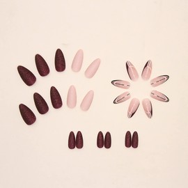 Press on Nails Almond Medium Length, Dark Red Artificial Acrylic Fake Nails with Gold Shine Designs, Full Cover Reusable Coffin False Nails Set Women Glue on Nails Stick on Nails for Nail Art 24 Pcs