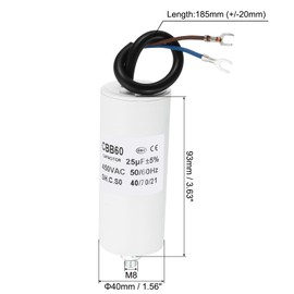 PATIKIL 25uf CBB60 Run Capacitor,AC 450V U Terminal Wires 50/60Hz Cylinder Bottom with M8 Screw for Washing Machine, Cleaning Machine Pump Motor Star