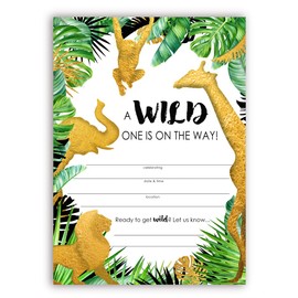 Golden Safari Baby Shower Invitations - 40 Pieces - 20 Invitations + 20 Envelopes - Gold Safari Baby Shower Supplies - Jungle Baby Shower Decorations - Safari Shower Invitations - WB 20ct