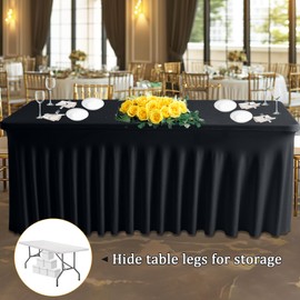 JCJ Table Skirt for Rectangle Tables Spandex Fitted Black Tablecloths for 6FT Tables, Wrinkle Resistant Ruffles Elastic Table Cover Skirts for Teacher Desk Weddings Banquets Parties