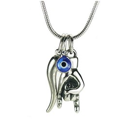 Mano Cornuto, Cornicello, and Nazar combo Necklace, Italian Lucky Hand, Horn, and Anti Evil Eye, Good Luck Amulet Protection Charms All Stainless (Chain Length 20" Inches(51cm))