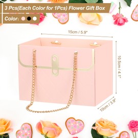 PATIKIL Paper Flower Gift Bags, 3 Pcs Paper Bouquet Flower Gift Bag with Handle Rectangle Metal Chain Tote for Florist Wedding Party Birthdays, Pink/White/Black