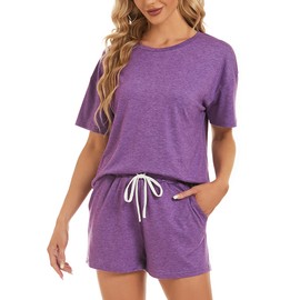 LOCUBE Women's Pajama Sets Soft Comfy Lounge Set Loose Casual Stretch Loungewear Short Sleeve Top and Shorts with Pocket (Violet, Medium)