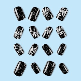 24PCS Christmas Medium False Nails with Glue Stickers,Almond Full Cover Acrylic Nails Press on Nails no Glue, Black Snowflake Fake Nails Stick on Nails for Women and Girls Nail Art
