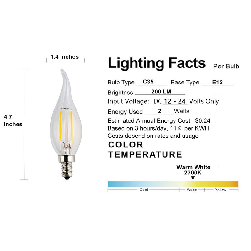 OPALRAY Low Voltage 12V LED Candelabra Bulb, 2W Dimmable with
