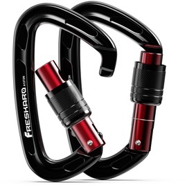 FresKaro Carabiner Black, Climbing Hook, Screw Cap, Auto-Close, Screw Cap, CE Certified Climbing Carabiner for Rappelling, Dog Leads, Large, Extra Strong 2550 kg, Pack of 2
