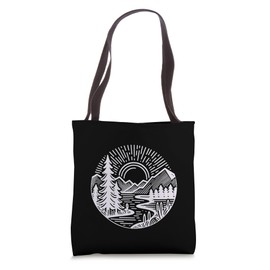Women Hiking Mountain Shirt Nature Sunrise Graphic Line Art Tote Bag