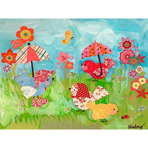 Oopsy Daisy Umbrella Birdies Stretched Canvas Wall Art by Megan and Mendy Winborg, 24 by 18-Inch