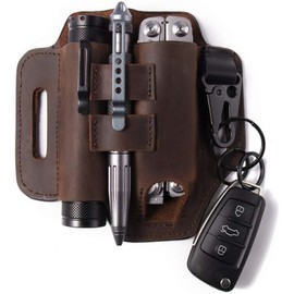 Leather Multitool Sheath,EDC Belt Organizer for Work and Daily Use,EDC Pocket Organizer for Flashlight and Multitool,Gifts for Men,Leather Sheath D Ring (Brown)
