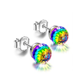 925 Sterling Silver Crystal Ball Earrings for Women Purple Red Multicolor Crystal Ball Stud Earrings 6mm Crystal Disco Ball Earrings Hypoallergenic Jewelry Gift for Girls (Multicolour)