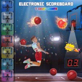 Remote Control Basketball Hoop Indoor for Kids, Over Door Basketball Hoop with Electronic Scoreboard, Mini Baskteball Hoop with 4 Balls, Storage Clip&Bag, 7 LED Light Toy Gift for Boy Girl 3+, Blue