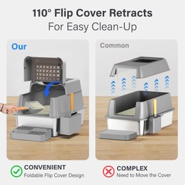 Stainless Steel Litter Box with Lid, XL Extra Large Enclosed Cat Litter Box Fits All Cats Modular Design with Flip Cover, Top Entry Metal High Sided Cat Box & Pedal & Scoop, Anti-Leakage (Grey)