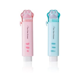 LEEQ Erasers - Pack of 2 Retractable Erasers, Cat Paw Erasers for Children, Push-Pull Erasers for Students, Writing, Office, School Supplies (Blue + Pink)