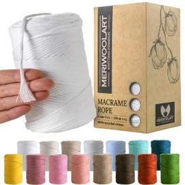 MeriWoolArt® Macrame Yarn White - Macrame Yarn 3 mm Coloured 200 m - Super Soft Yarn, Single Twist Macrame Cord - Oeko-Tex 100% Recycled Cotton Yarn Coloured - DIY Boho Decorative Macrame