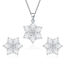 Estrellique Silver Snowflake Jewellery Set for Women, 925 Sterling Silver Snowflake Pendant Necklace & Stud Earrings, Jewellery Set with White Zirconia & 45+5cm Chain, Jewellery Set Gift for Christmas