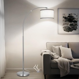 Silver Arc Floor Lamp for Living Room, Modern Standing Lamp with Adjustable Head Tall Pole Lamp with On/Off Pedal Switch Over Couch Arched Tall standing light for Reading Bedroom 8W LED Bulb Included