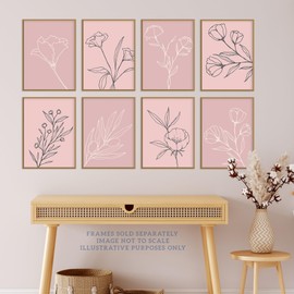Wee Blue Coo Pack of 8 A4 Pastel Pink Line Art Wildflower Outline Modern Floral Unframed Wall Art Living Room Prints Set